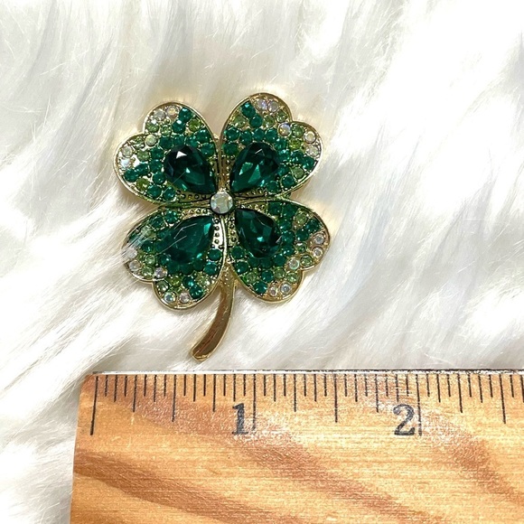 Brooch Pin 4 Four Leaf Clover Shamrock Lucky Irish Green Gold Rhinestones New - Picture 4 of 5